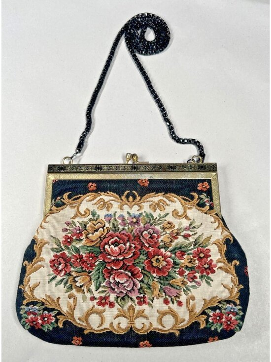 Handbags - Vintage Floral Needlepoint Tapestry Evening Bag Black Chain Purse AS IS